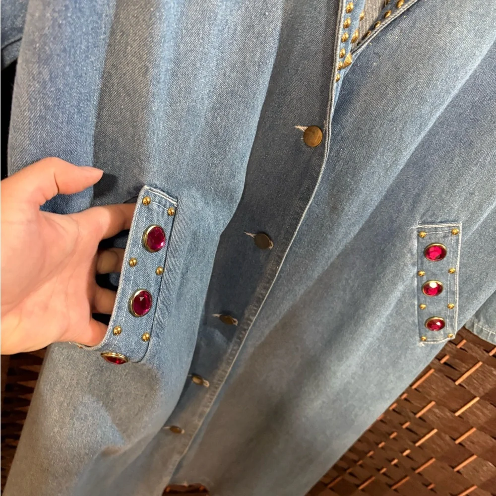 Vintage Marshall Rousso Embellished Denim Duster Coat L Rhinestone Studded - Picture 6 of 10